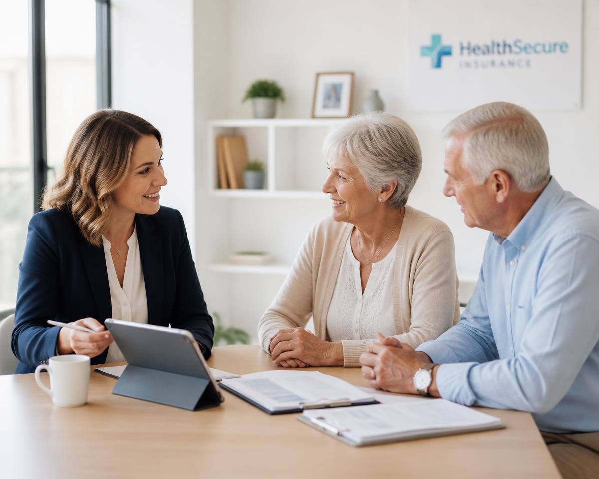 Licensed insurance agent reviewing life insurance options with an older couple